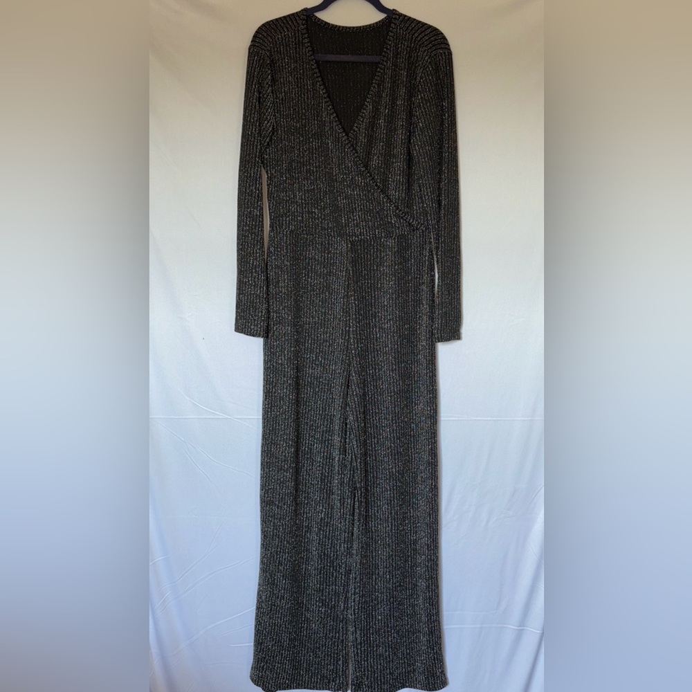 Black Shimmer Long Sleeve Wide leg Wrap-style w/ Ribbed texture Jumpsuit Sz 2X